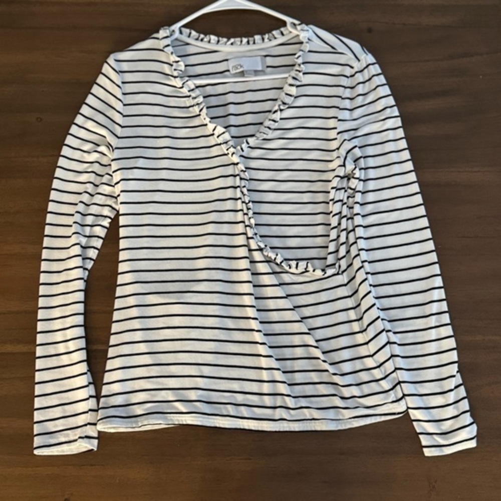 Nordstrom Rack White and Black Striped Ruffle Top Medium